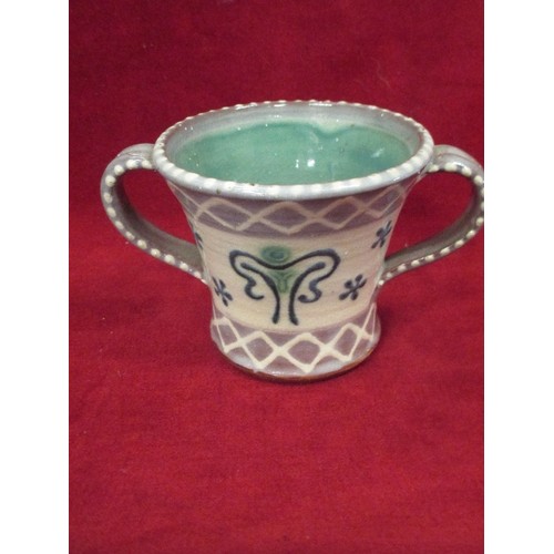 4 - STUDIO POTTERY TYG HAND DECORATED WITH SLIP - MD MONOGRAM TO BASE . 10CM H X 12CM DIA