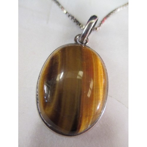 15 - SILVER 925 OVAL GENUINE TIGERS EYE PENDANT ON SILVER BOX CHAIN