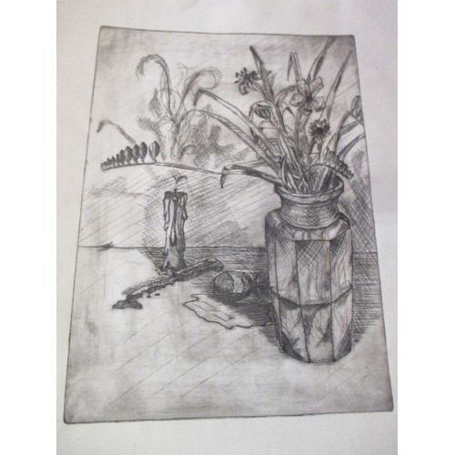 68 - UNUSUAL ENGRAVING - A STILL LIFE WITH VASE OF FLOWERS, A CANDLE, A KNIFE AND SPILT WINE - ARTIST DET... 