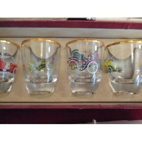 72 - SET OF 6 VINTAGE WHISKY TUMBLERS FEATURING CARS & 2 BOXES OF VINTAGE CUTLERY