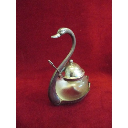 85 - VINTAGE SILVER PLATE CRUET SETS, ONE IN SHAPE OF A SWAN THE OTHER WITH A BROKEN HANDLE