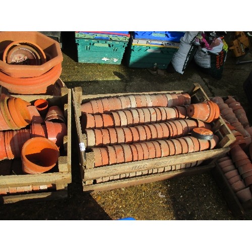 661 - 5 X FARM CRATES FULL OF TERRACOTTA AND PLASTIC PLANT POTS