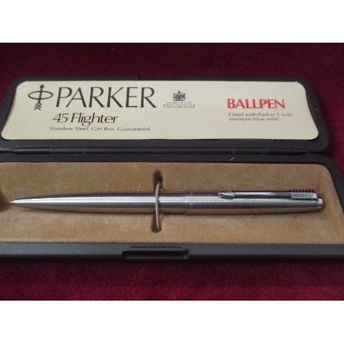 31 - PARKER 45 FLIGHTER BALLPINT PEN IN BRUSHED STEEL - WITH ORIGINAL CASE