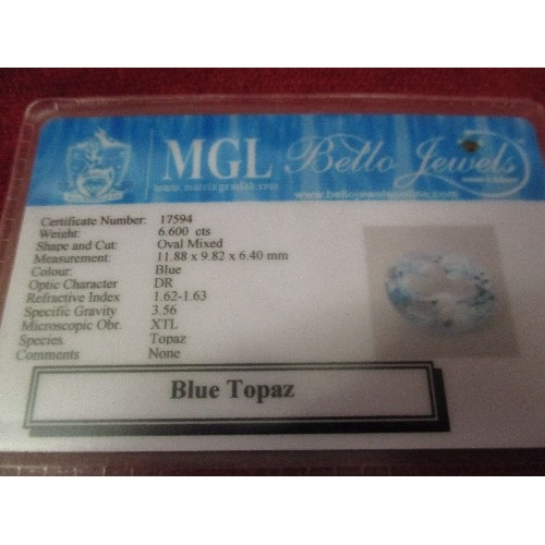 34 - 6.60CT BLUE TOPAZ GEMSTONE WITH NUMBERED CERTIFICATE