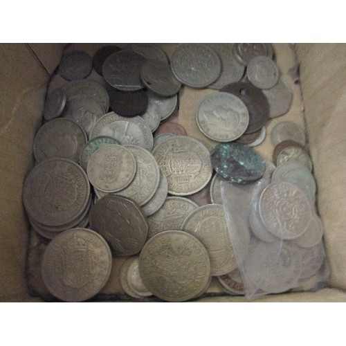 37 - BOX OF BRITISH COINS - MOSTLY GEORGE VI & ELIZABETH - HALF CROWNS, FLORINS, SHILLINGS ETC