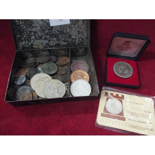 38 - VINTAGE  TIN OF ANTIQUE AND REPLICA COINS INCL GEORGE IV REPLICA CROWNS AND WELLINGTON WATERLOO MEDA... 