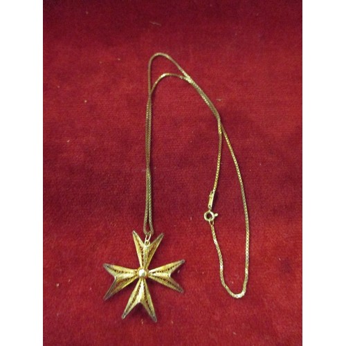 39 - .835 SILVER GILT FILIGREE MALTESE CROSS ON CHAIN - HALLMARK TO CLASP