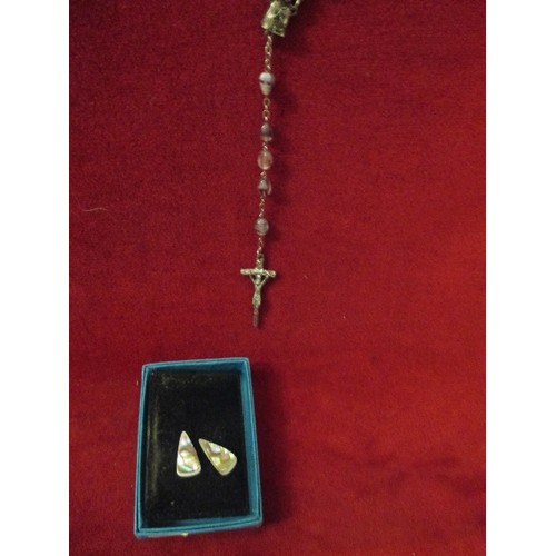 41 - ABOLONE SHELL EARRINGS AND AMETHYST STYLE ROSARY BEADS