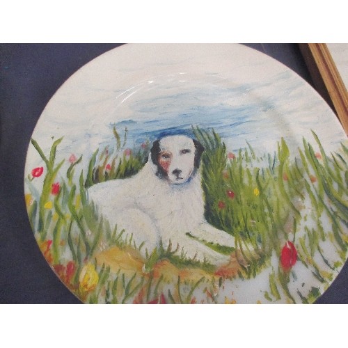 134 - SET OF 4 MID 20TH CENTURY ENGLISH NAIVE OIL PAINTINGS OF DOGS HAND PAINTED ON OLD PLATES