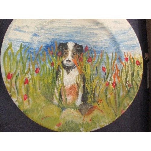 134 - SET OF 4 MID 20TH CENTURY ENGLISH NAIVE OIL PAINTINGS OF DOGS HAND PAINTED ON OLD PLATES