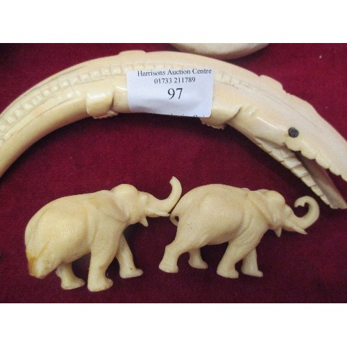 97 - CARVED BONE CROCODILE, SHIP, BEAKER & 2 RESIN ELEPHANTS 1 AF