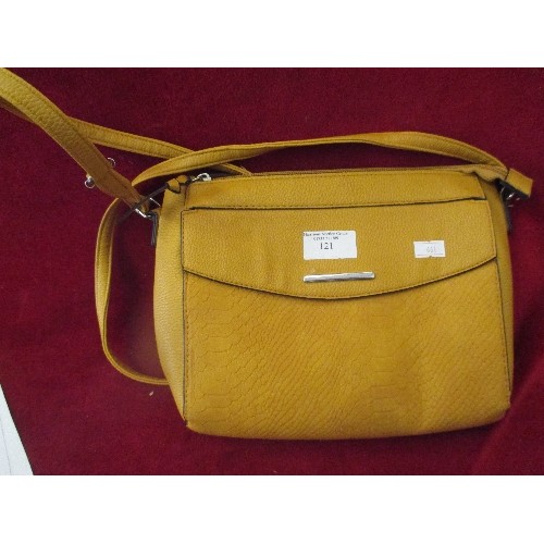 121 - YELLOW HANDBAG WITH CONTENTS OF FOREIGN COINS