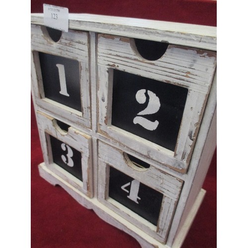 123 - SHABBY CHIC CABINET WITH 4 NUMBERED DRAWERS 27X26CM