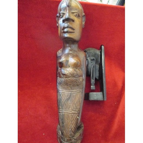 143 - 4 AFRICAN  CARVED WOODEN FIGURINES, 1 METAL AFRICAN FIGURE AND WOOD CARVED BODY BUST