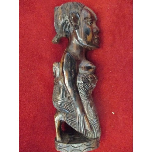 143 - 4 AFRICAN  CARVED WOODEN FIGURINES, 1 METAL AFRICAN FIGURE AND WOOD CARVED BODY BUST