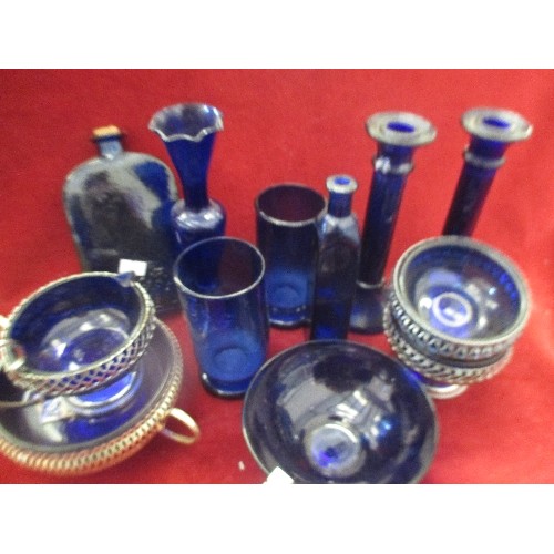 148 - BOX OF BLUE GLASSWARE BOWLS, GLASSES ETC