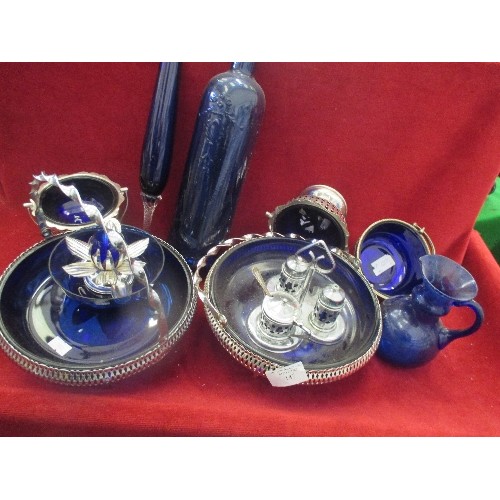 147 - BOX OF BLUE GLASSWARE CRUET SET, BOWLS ETC