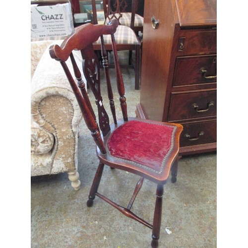 275 - EDWARDIAN BEDROOM CHAIR WITH ORIGINAL FIGURED VELVET SEAT FABRIC