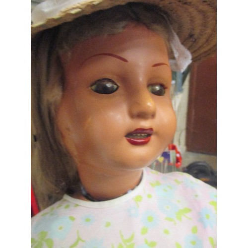 310 - EARLY 1950'S COMPOSITION AND HARD PLASTIC LARGE DOLL WITH STRAW HAT - 94CM