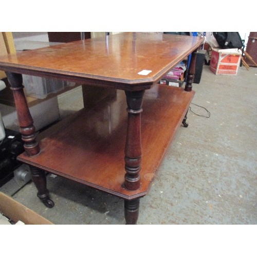 372 - VICTORIAN MAHOGANY 2 TIER BUFFET TABLE ON ORIGINAL BROWN POT CASTORS