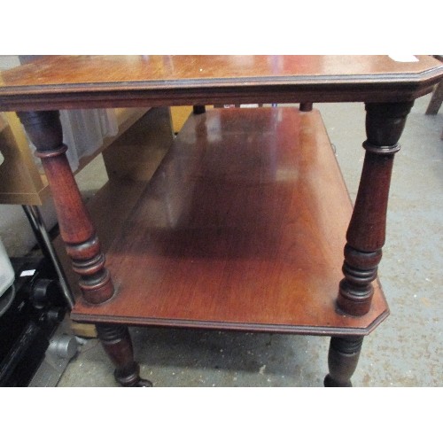 372 - VICTORIAN MAHOGANY 2 TIER BUFFET TABLE ON ORIGINAL BROWN POT CASTORS