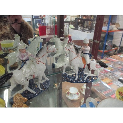 413 - SHELF OF VINTAGE CHINA ORNAMENTS ETC INCL CONTINENTAL PORCELAIN FIGURES ON HORSEBACK, CUPS AND SAUCE... 