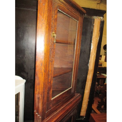 439 - ART DECO STYLE OAK CORNER CUPBOARD - CAN BE USED AS 2 PIECES OF FURNITURE AS THE TOP SECTION HAS BRA... 