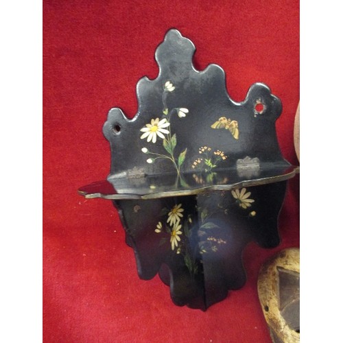 254 - UNUSUAL INDIAN DESIGN BRASS & COPPER TRAY, WALL MASK & VICTORIAN EBONISED FOLDING SHELF