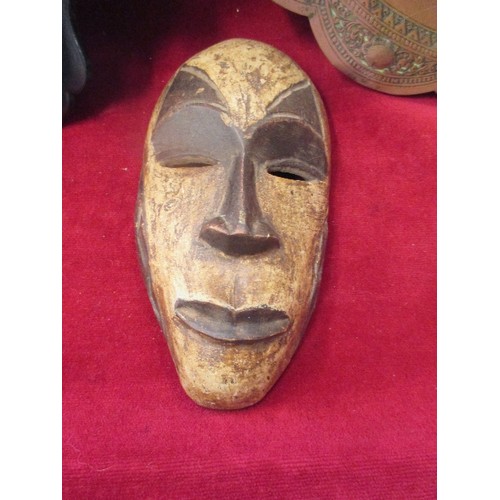 254 - UNUSUAL INDIAN DESIGN BRASS & COPPER TRAY, WALL MASK & VICTORIAN EBONISED FOLDING SHELF