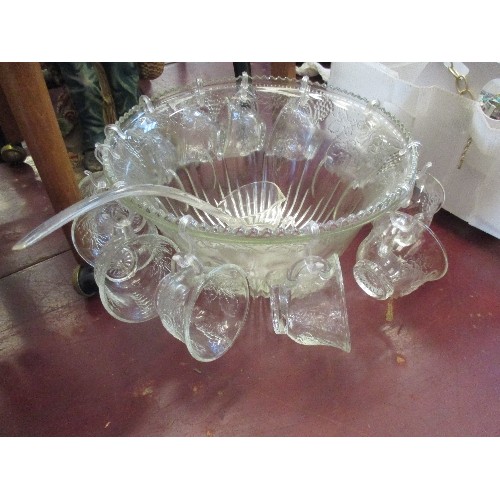 260 - GLASS PUNCH BOWL, 12 CUPS & HANGERS + LADLE