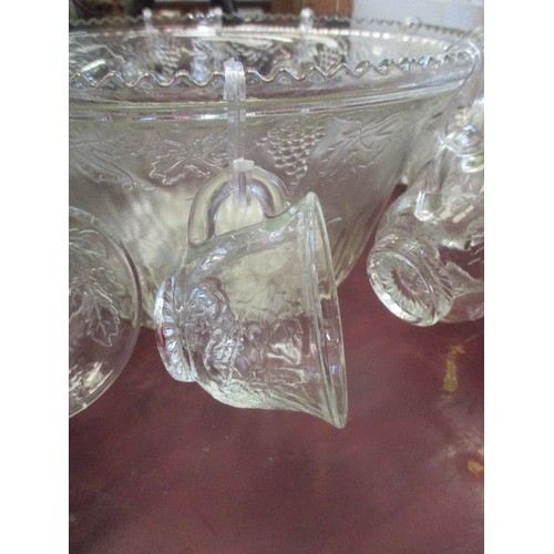 260 - GLASS PUNCH BOWL, 12 CUPS & HANGERS + LADLE