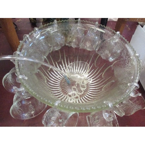 260 - GLASS PUNCH BOWL, 12 CUPS & HANGERS + LADLE