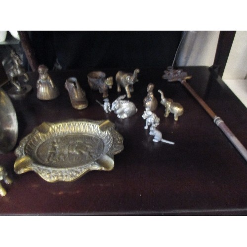 237 - SHELF OF METALWARES INCLUDING MINCER, ANIMALS, CLOCK, CANDLESTICKS ETC