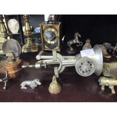 237 - SHELF OF METALWARES INCLUDING MINCER, ANIMALS, CLOCK, CANDLESTICKS ETC