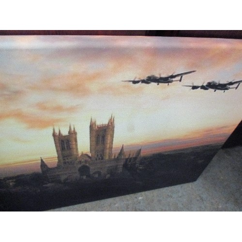 469 - 3 X PRINTS OF LANCASTER BOMBER AND SPITFIRES - ONE ON CANVAS - OVER LINCOLN,