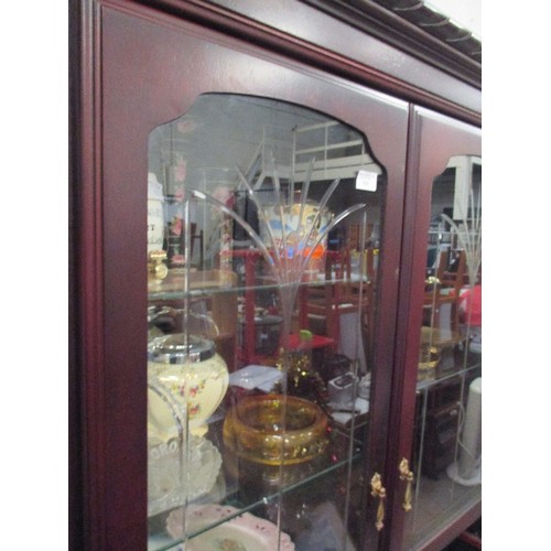 470 - LARGE MAHOGANY COLOURED SIDEBOARD DISPLAY CABINET WITH ETCHED GLASS DOORS, DROP DOWN DRINKS CABINET ... 