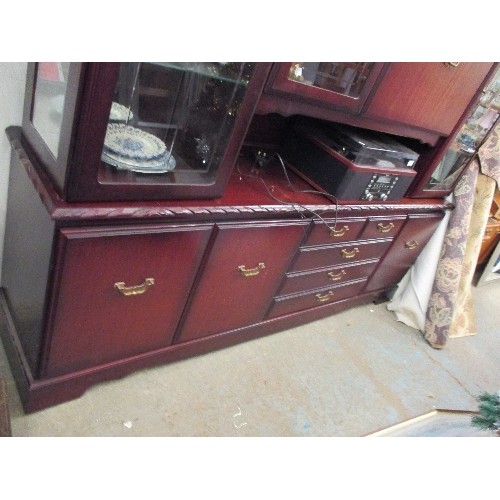 470 - LARGE MAHOGANY COLOURED SIDEBOARD DISPLAY CABINET WITH ETCHED GLASS DOORS, DROP DOWN DRINKS CABINET ... 