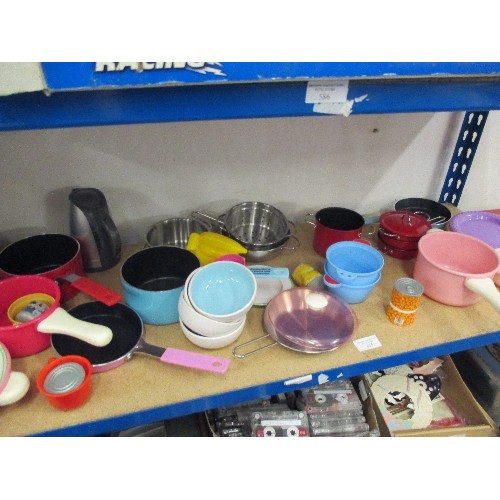 489 - SHELF OF CHILDRENS PLAY / TEACHING KITCHEN ITEMS - POTS, PANS ETC