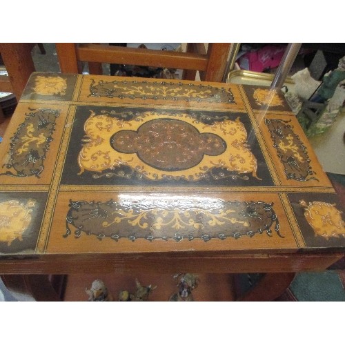 300 - SORRENTO WARE INLAID TABLE WITH MUSICAL BOX TOP - HINGES DETACHED