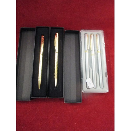 308 - SET OF PENQUEST PENS INCL FOUNTAIN PEN AND BALLPOINTS AND 2 X  BOXED GILT BALLPOINTS