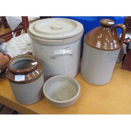 311 - 4 ITEMS OF STONEWARE INCL BREADCROCK, STORAGE JARS & BOWL