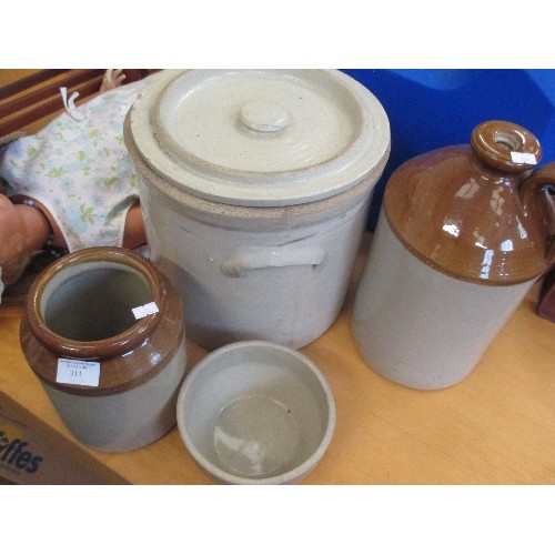 311 - 4 ITEMS OF STONEWARE INCL BREADCROCK, STORAGE JARS & BOWL