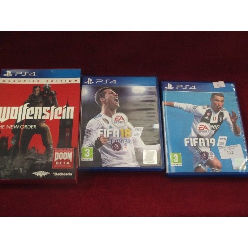 312 - 3 X PS4 GAMES INCL FIFA18, FIFA19 & WOLFENSTEIN