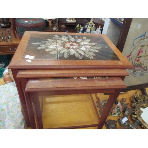 319 - MID CENTURY NEST OF TEAK TABLES WITH TILE TOPS