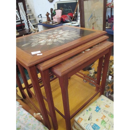 319 - MID CENTURY NEST OF TEAK TABLES WITH TILE TOPS