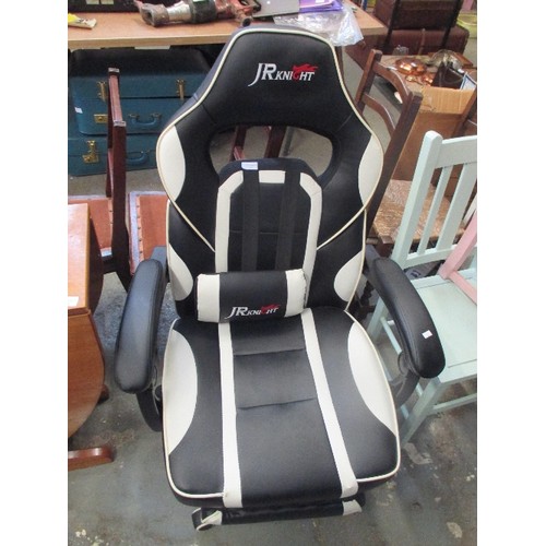 367 - GAMING CHAIR IN BLACK AND WHITE BY J R KNIGHT - LEATHER LOOK WITH BUILT IN LEG REST AND LUMBAR SUPPO... 