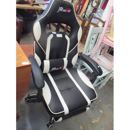 367 - GAMING CHAIR IN BLACK AND WHITE BY J R KNIGHT - LEATHER LOOK WITH BUILT IN LEG REST AND LUMBAR SUPPO... 