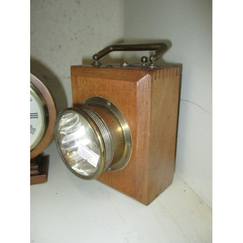 204 - WOOD & BRASS TORCH & ORNAMENTAL CLOCK