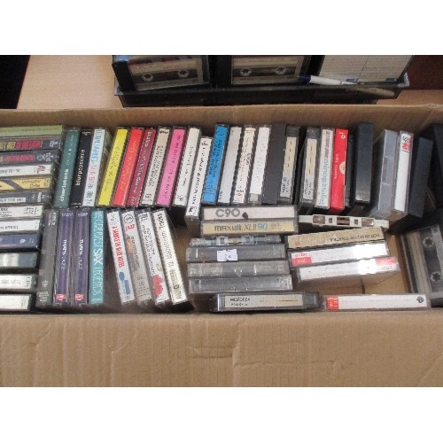 408 - 2 BOXES OF CASSETTE TAPES AND, 3 X LPS INCL LITTLE SHOP OF HORRORS AND AN ALBUM CASE