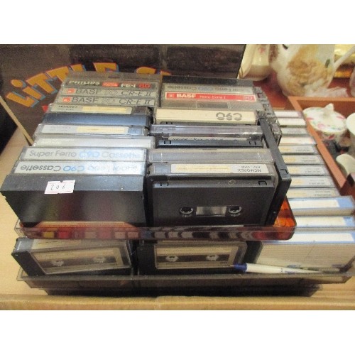 408 - 2 BOXES OF CASSETTE TAPES AND, 3 X LPS INCL LITTLE SHOP OF HORRORS AND AN ALBUM CASE